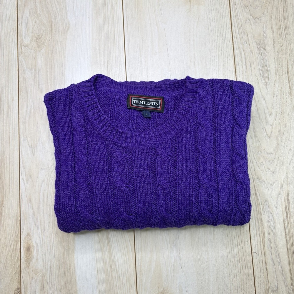 Tumi Knits Alpaca Wool Cable Knit Pullover Sweater Crew Neck Purple Size Large